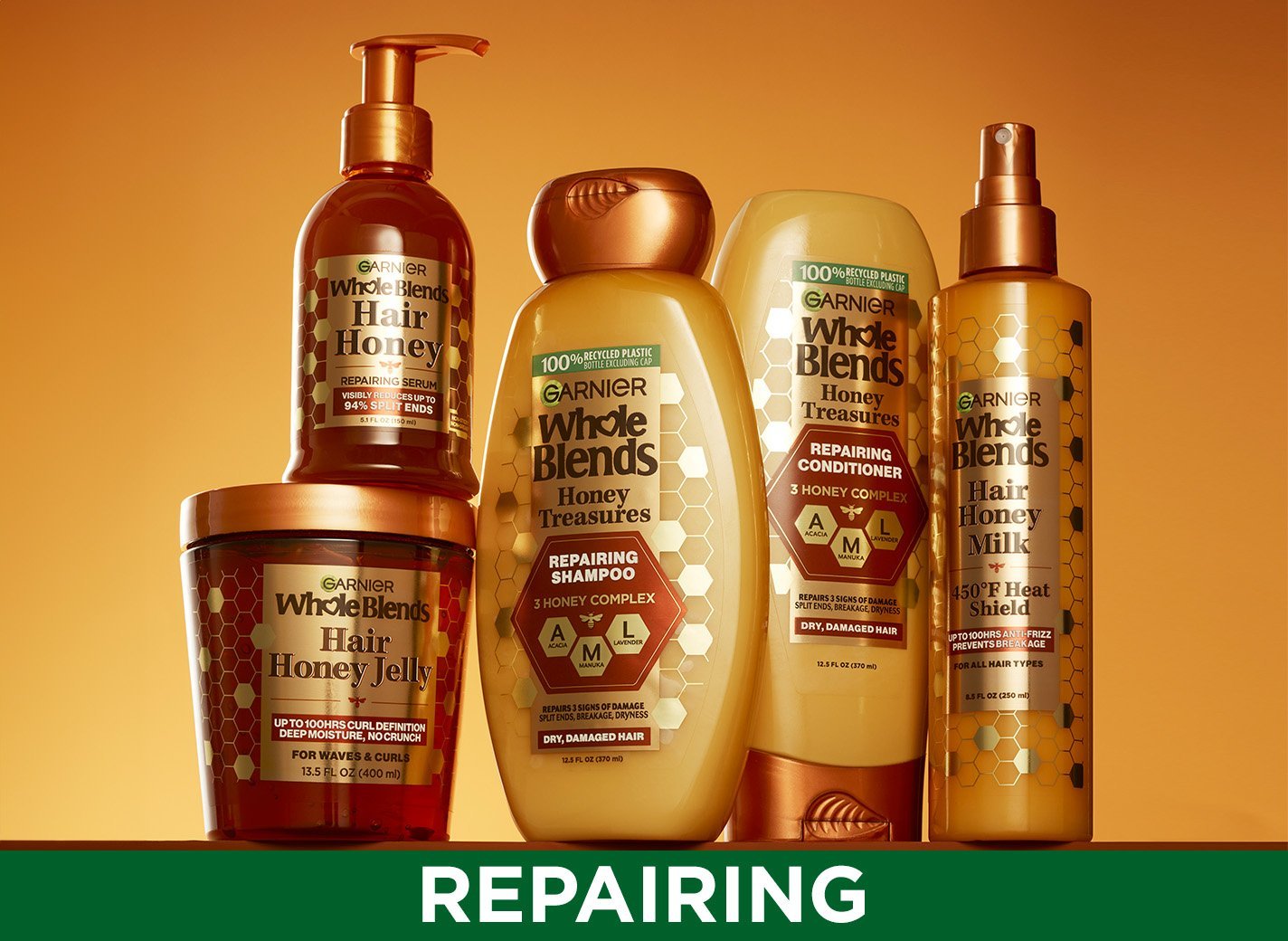 Line up of Honey Treasures Shampoo, Conditioner and Treatments