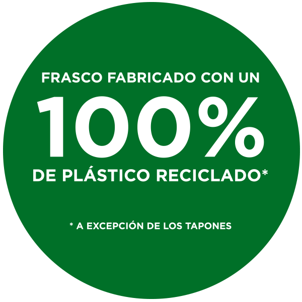Frasco fabricado con un 100 % de plástico reciclado, a excepción de los tapones