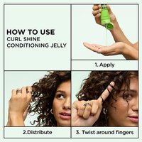 How to use Garnier Fructis Curl Shine Conditioning Jelly in 3 steps: 1. Apply to palm, 2. Distribute through hair, 3. Twist curls around fingers for definition.