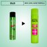 A comparison graphic showing the "OLD" hairspray can (black and green) transitioning with an arrow to the "NEW LOOK" can (all lime green), with text stating "NEW LOOK, SAME FORMULA".