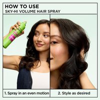 A two-step "HOW TO USE" graphic. Step 1 shows a woman spraying the product, labeled "Spray in an even motion." Step 2 shows her with styled hair, labeled "Style as desired".