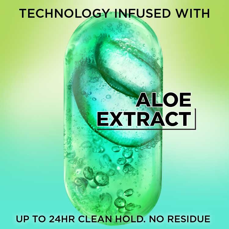Technology infused with aloe extract for up to 24 hours of clean hold with no residue