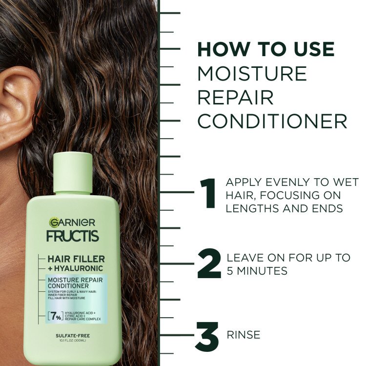 How to use moisture repair conditioner: apply evenly to wet hair, leave on for up to 5 minutes, then rinse