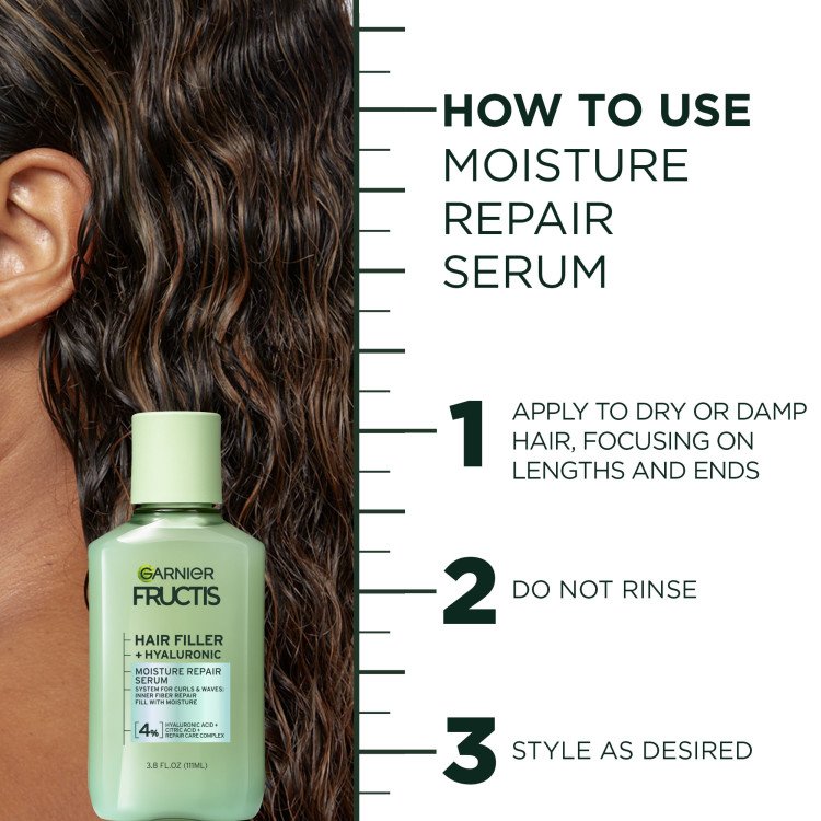 How to use moisture repair serum: apply evenly to dry or damp hair, do not rinse, then style as desired