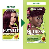 Darkest Berry Burgundy Before and After Raspberry Jam Nutrisse Nourishing Color Creme Nutrisse Ultra Creme - Garnier