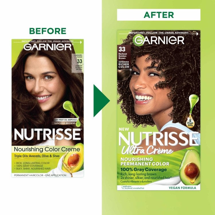 Dark Golden Brown Hair Color Before After Nutrisse Nourish Permanent Color Grey coverage - Garnier