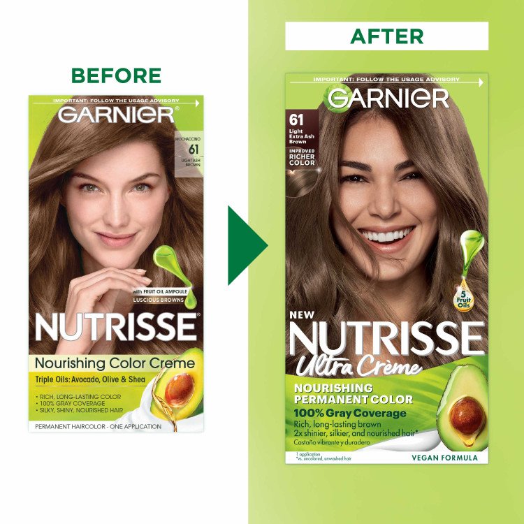Light Ash Brown Hair Before After Nutrisse Nourish Permanent Color Grey coverage - Garnier