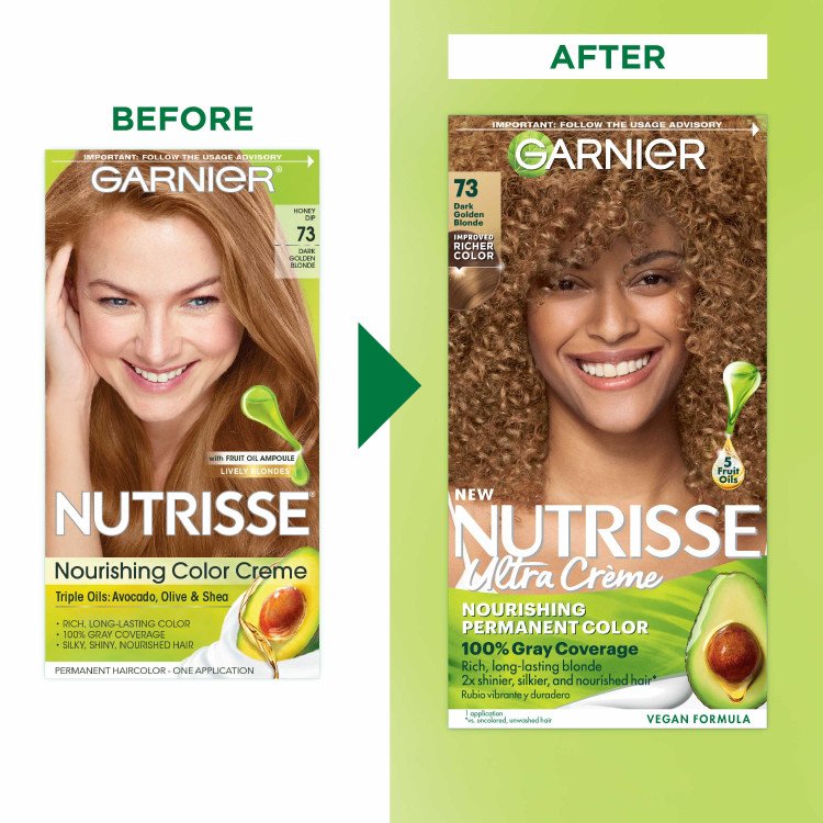 Dark Golden Blonde Before And After Nutrisse Nourishing Color Creme Honey DIP Dark Golden Blonde Nutrisse Ultra Creme - Garnier