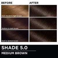 Before and after hair swatches demonstrating the color transformation using Garnier Olia