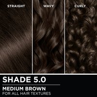 Hair swatches displaying Garnier Olia on straight, wavy, and curly hair textures.