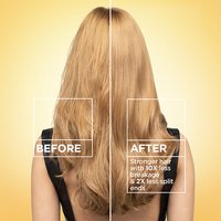 Before and after hair repair comparison on blonde hair: visibly showing stronger hair with 10X less breakage and 2X less split ends after using the Garnier Whole Blends Honey Treasures repairing system.