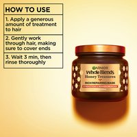 How to use Garnier Whole Blends Honey Treasures Rich Repairing Mask: 3-step guide including applying a generous amount, working through hair ends, and rinsing after 3 minutes for healthy hair results.