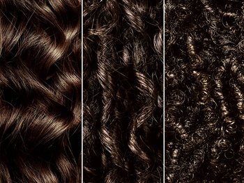 Three-panel close-up texture comparison of dark brown hair showing distinct curl patterns—smooth wavy strands on the left, defined spiral curls in the middle, and tight coily curls on the right.