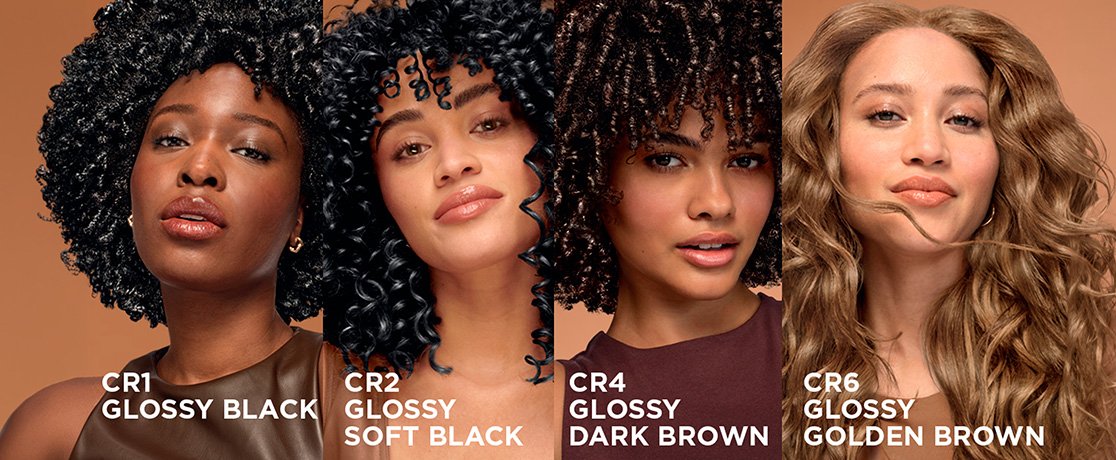Four-panel portrait grid of women showcasing different hair color shades and curl textures, labeled CR1 Glossy Black on tight coily hair, CR2 Glossy Soft Black on long spiral curls, CR4 Glossy Dark Brown on voluminous coily curls, and CR4 Glossy Golden Brown on long wavy hair.