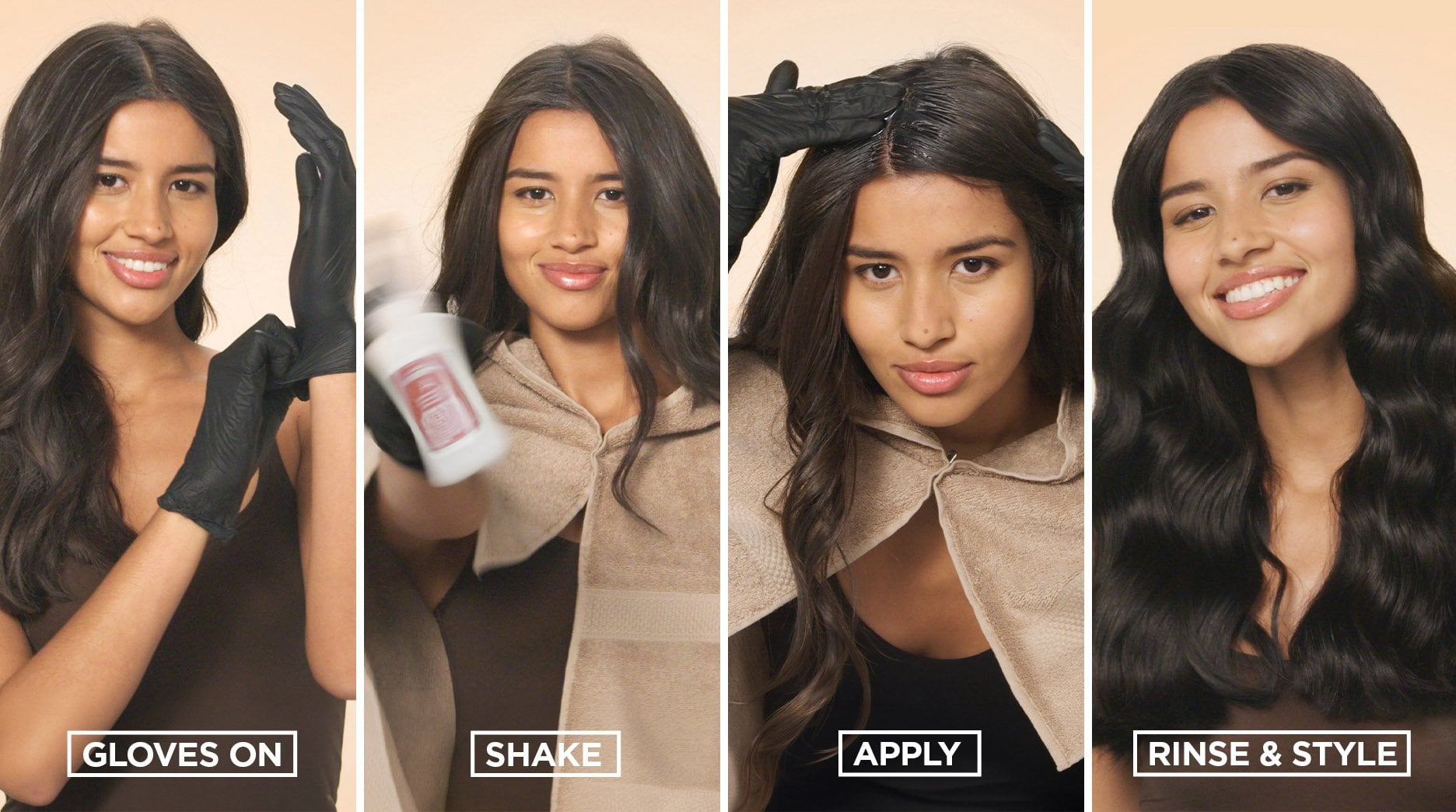 Four-panel step-by-step infographic showing a woman with long dark hair demonstrating hair color application with Garnier Glossy Curl Color: putting on black gloves labeled "GLOVES ON," shaking a Glossy Curl Color brown and white product bottle labeled "SHAKE," applying product with gloved hands to her hairline draped in a beige towel labeled "APPLY," and revealing smooth, glossy dark wavy hair against a peach background labeled "RINSE & STYLE." 