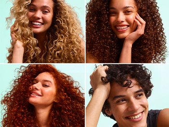 Four-panel collage of smiling models with varied curl types and hair colors, from blonde ringlets to auburn and dark brown curls.