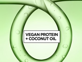 A translucent green gel formula swirls into a large looping, ring-like shape with visible air bubbles suspended throughout, set against a lighter green gradient background, with a white text box in the center reading "VEGAN PROTEIN + COCONUT OIL" highlighting the featured ingredients.