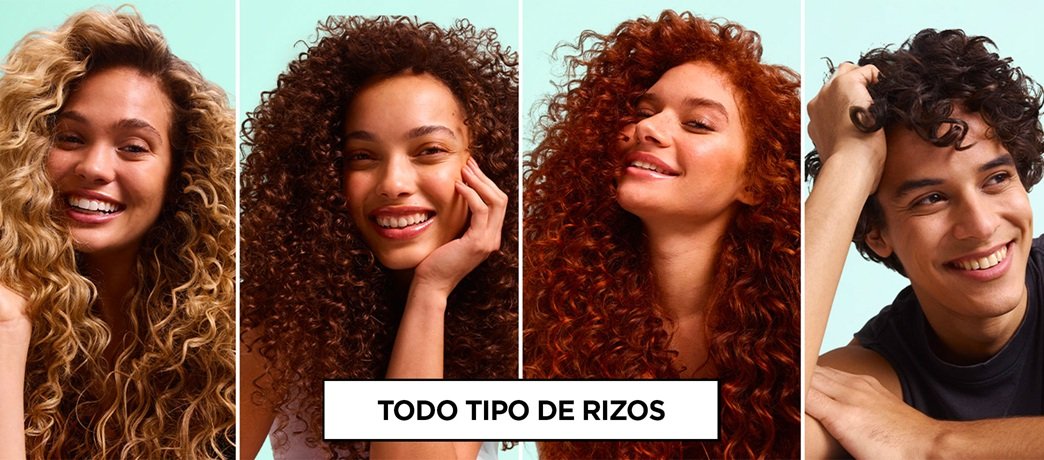 Four smiling models with blonde, brunette, red, and dark curly hairstyles ranging from loose waves to tight coils, labeled "All Curls Types" to showcase diverse curl patterns.