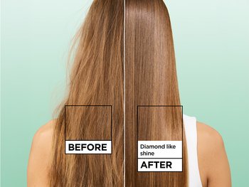 Before-and-after comparison shows brown hair transforming from dull and frizzy to sleek, straight, and shiny with "Diamond like shine" results.