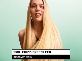 Promotional banner features a woman with long, sleek blonde hair and the text "100H Frizz-Free Sleek – Discover Now."