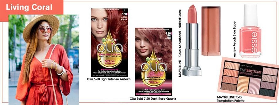 Red-haired girl in a hat, red sunglasses, and a red jum+psuit, next to the Olia 7.20 Dark Rose Quartz and Olia 6.60 Light Intense Auburn permanent hair colors, next to the Color Sensation Inti-Matte Nudes lip color in Naked Coral, the Essie Peach Side Babe nail polish, and the Maybelline Total Temptation Eyeshadow + Highlight Palette.