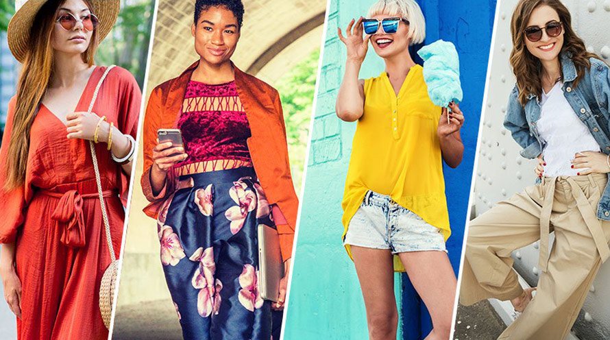 Red-haired girl in a hat, red sunglasses, and a red jumpsuit, next to a short black-haired girl in blue flowery pants, a red shirt, and an orange blazer holding a phone, next to a blonde-haired girl in blue sunglasses and a yellow top, next to a brown-haired girl in a jean jacket, beige pants, and brown sunglasses. 