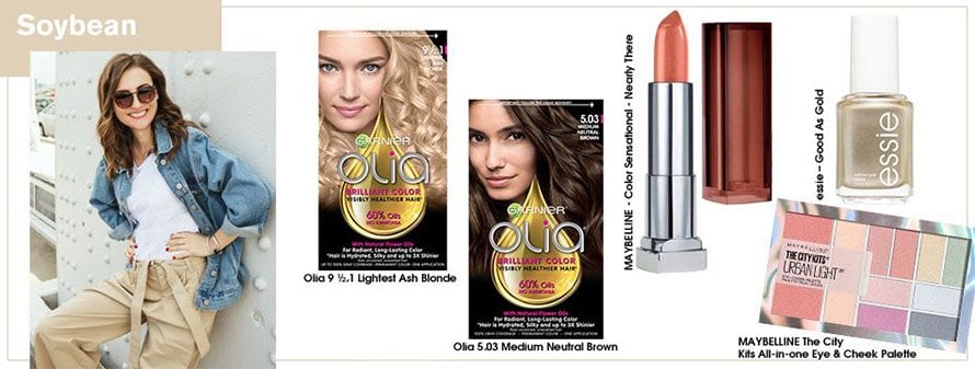 Brown-haired girl in a jean jacket, beige pants, and brown sunglasses, next to the Olia 5.03 Medium Neutral Brown and  Olia 9 ½ .1 Lightest Ash Blonde hair colors, next to the Maybelline Color Sensations Lipstick in Nearly There, the Essie Good As Gold nail polish, and the City Kits All-in-One Eye & Cheek Palette in the softest shades of Urban Light.