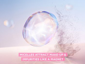 Graphic illustration of a micelle bubble attracting makeup and impurities like a magnet, explaining how Garnier Micellar Cleansing Water works.