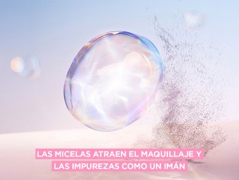 Graphic illustration of a micelle bubble attracting makeup and impurities like a magnet, explaining how Garnier Micellar Cleansing Water works.