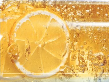 Slice of orange submerged in thick liquid.