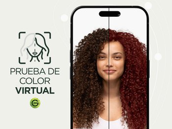 A woman with type 4 curly hair in a natural dark brown shade using Garnier's Virtual Try-On tool to virtually try on an auburn red hair shade.
