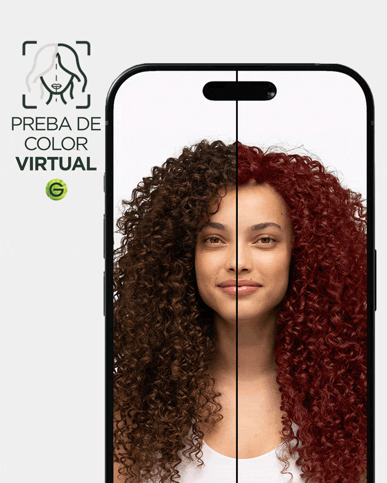 A woman with type 4 curly hair in a natural dark brown shade using Garnier's Virtual Try-On tool to virtually try on an auburn red hair shade.