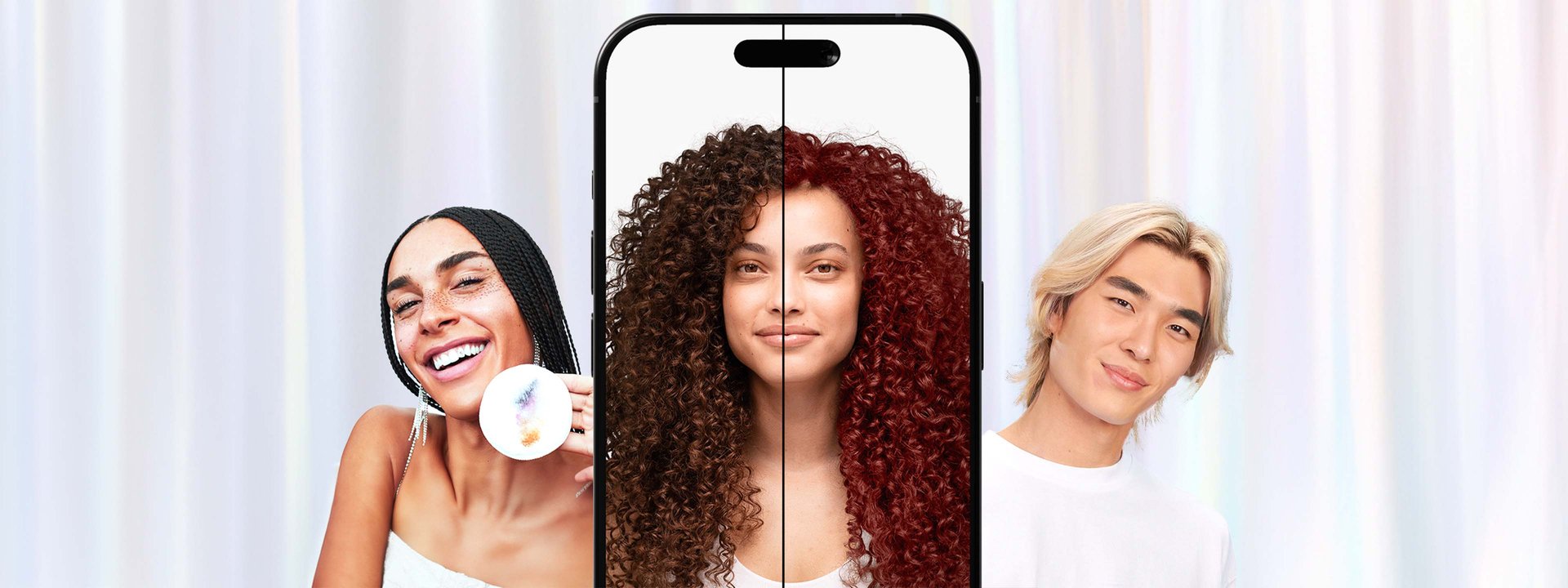 Lifestyle banner shows a smiling woman with braids holding a used cleansing pad, a phone screen displaying a split-screen hair color transformation from brown to red curly hair, and a man with blonde hair, all set against a soft curtain background.