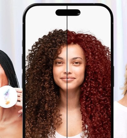 Lifestyle banner shows a smiling woman with braids holding a used cleansing pad, a phone screen displaying a split-screen hair color transformation from brown to red curly hair, and a man with blonde hair, all set against a soft curtain background.