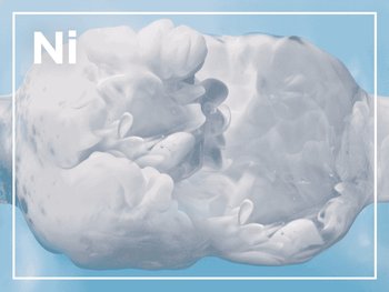 Abstract image of white, cloud-like liquid swirling in a blue liquid, with the letters "Ni" visible in white.