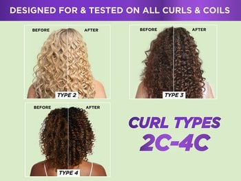 Before and after comparisons of each curl type (wavy, curly, and coily).