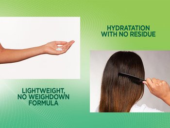 An informational graphic set against a bright green patterned background. On the top left, a close-up shows a dollop of white cream on an open palm, with text below reading "LIGHTWEIGHT, NO WEIGHDOWN FORMULA." On the bottom right, a person with straight brown hair is shown from behind combing through their hair with a black comb, with text above reading "HYDRATION WITH NO RESIDUE."