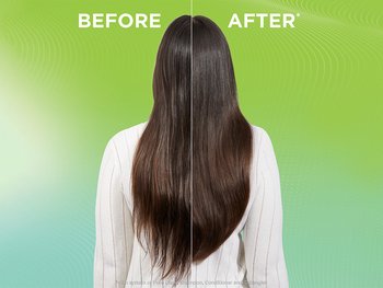 A side-by-side "before and after" comparison of a woman's long, straight dark brown hair from behind against a green gradient background. The "before" side on the left shows dry, piecey, and slightly frizzy ends. The "after" side on the right shows smooth, sleek, highly glossy, and healthy-looking hair. Disclaimer text at the bottom notes results are achieved using the Pure Clean Shampoo, Conditioner, and Detangler system.