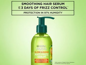 Garnier Fructis Sleek & Shine Anti-Frizz Serum bottle featuring copy: "Up to 3 days of frizz control" and "Protection in 97% humidity."