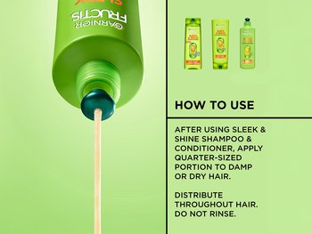 Garnier Fructis Sleek & Shine Leave-In Conditioner "How To Use" guide: Apply a quarter-sized portion to damp or dry hair after using shampoo and conditioner, then distribute through hair without rinsing.