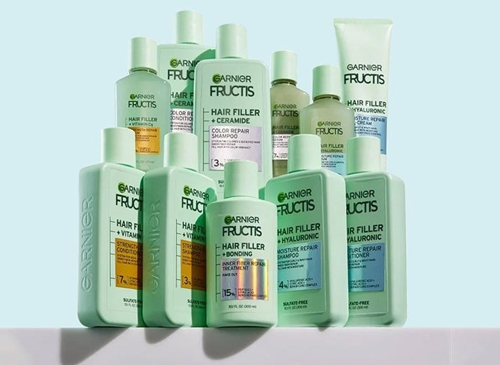 Strengthen and repair your hair with the Garnier Fructis Hair Filler Strength Repair shampoo, conditioner, and leave-in treatment.