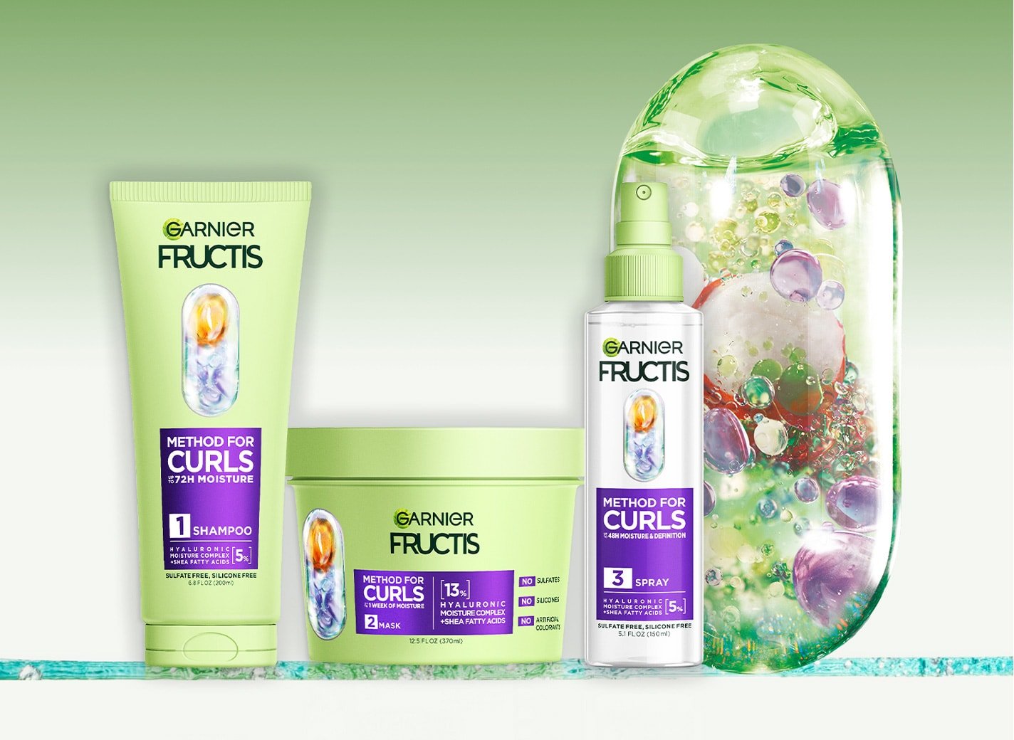 Product shot of Method for Curls lineup, including Reviving Shampoo, Defining Mask, and Refresher Spray.