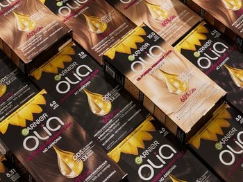 Olia hair color product pack shots.