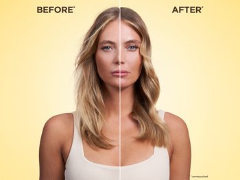 A split "Before & After" image of a woman with long, blonde, wavy hair. On the left ("BEFORE"), her hair appears somewhat dry and frizzy. On the right ("AFTER"), her hair is noticeably smoother, shinier, and more hydrated. The image is unretouched.