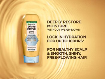 A yellow and blue bottle of Garnier Whole Blends Honey Water Moisture Restoring Conditioner is set on a shimmering, honey-gold background. Text beside it lists product benefits: "DEEPLY RESTORE MOISTURE WITHOUT WEIGH-DOWN," "LOCK IN HYDRATION FOR UP TO 100HRS*," and "FOR HEALTHY SCALP & SMOOTH, SHINY, FREE-FLOWING HAIR." Small text notes it's for "DRY HAIR & SCALP" and results are "*with ritual of shampoo, conditioner & cream."