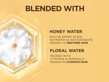 An artistic close-up of a honeycomb-shaped glass container holding a white flower, surrounded by a swirling golden liquid. Text on the right states "BLENDED WITH" and details the benefits of "HONEY WATER" (rich in amino acids, nutrients, antioxidants) and "FLORAL WATER" (packed with vitamins & minerals) for hair restoration and hydration.