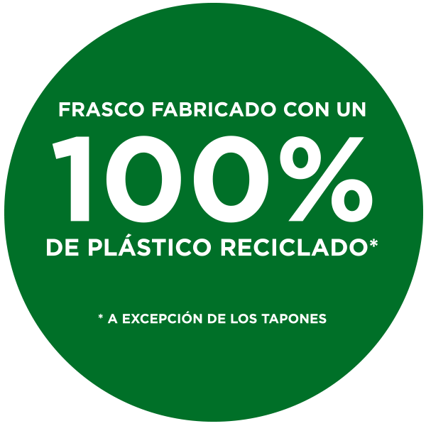 Frasco fabricado con un 100 % de plástico reciclado, a excepción de los tapones
