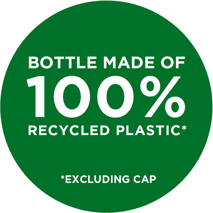 Bottle made of 100% recycled plastic, excluding cap.