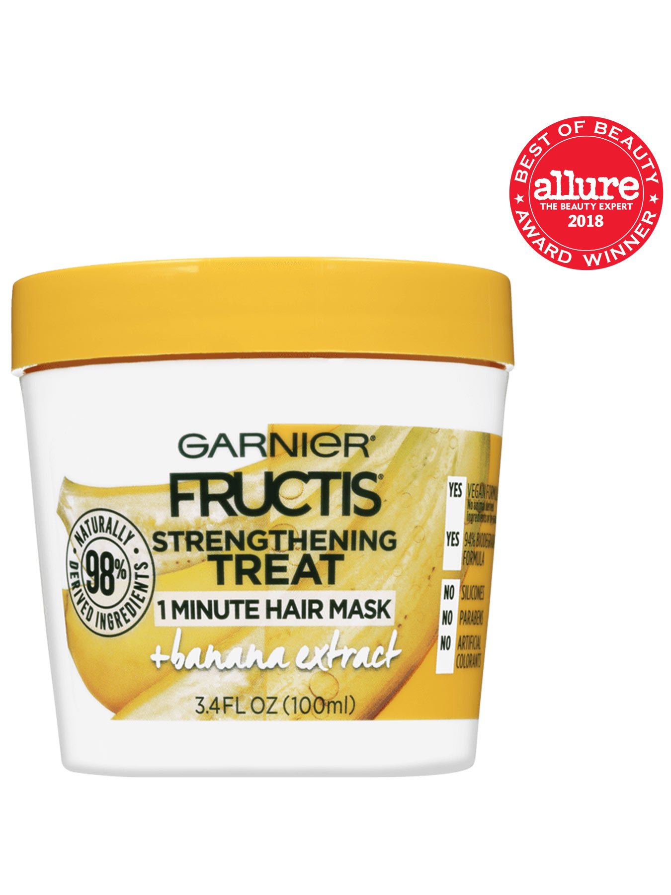 Front view of Garnier Fructis 1-Minute Hair Mask with Banana Extract with the Allure Best of Beauty Award badge.