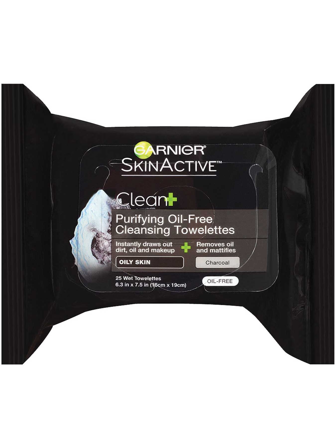 Front view of Clean+ Purify Oil-Free Cleansing Towelettes, Oily Skin, Oil-Free Charcoal.